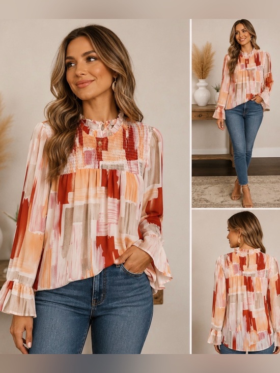 C+D+M Tops - C+D+M Women’s Large Abstract Print Smocked Blouse Bell Sleeve Top NWT